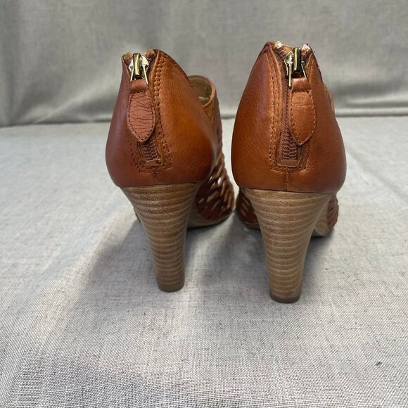 Franco Sarto A-Salito Heels Tan Leather Cut Outs Peep Toe Women's Size 6 - Picture 7 of 12